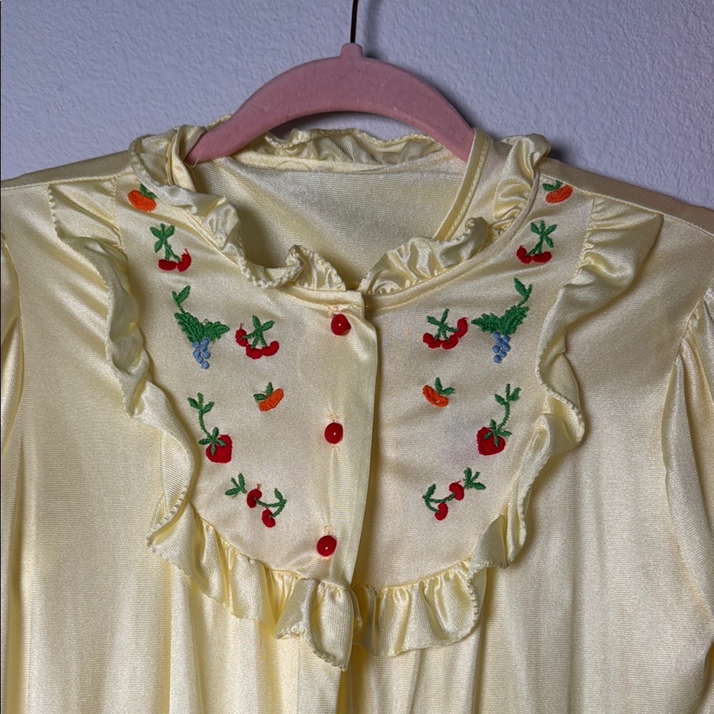 VINTAGE Butter Yellow Nightgown & Robe SET w/ Embroidered Fruit Ruffle Collar